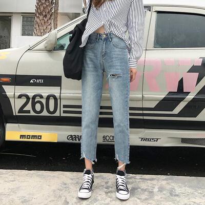 2026春夏新款烂牛仔裤女破洞潮高腰九分裤小个子学生乞丐直筒裤子
