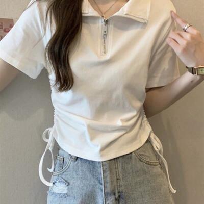 2026新款女装POLO领拉链抽绳短袖T恤正肩显瘦韩版百搭短款上衣潮
