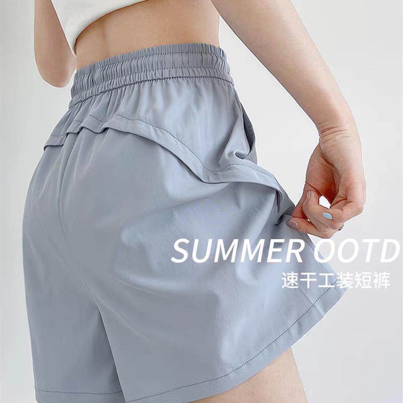 蓝色速干工短裤女夏季2026新款高腰外穿休闲阔腿a字运动五分裤