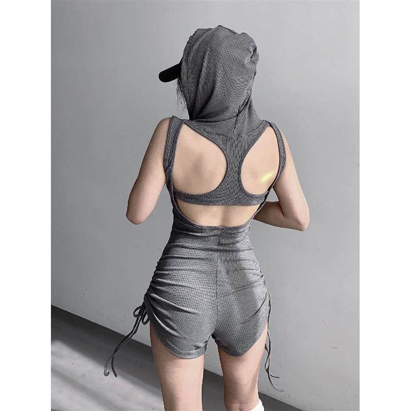 美式辣妹无袖连体裤女春季2026新款高腰修身显瘦瑜伽运动抽绳短裤