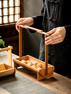 复古提手茶点盘 中式 创意干果盘 竹制点心盘竹食盒小号家用收纳盒