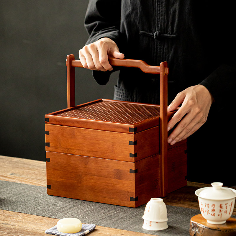 中式复古竹制食盒竹编茶具多层收纳盒野餐双层小提篮茶点提箱茶箱
