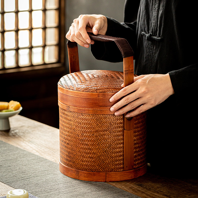 中式复古竹编提篮大号食盒竹收纳盒礼盒茶具收纳双层点心篮茶饼盒