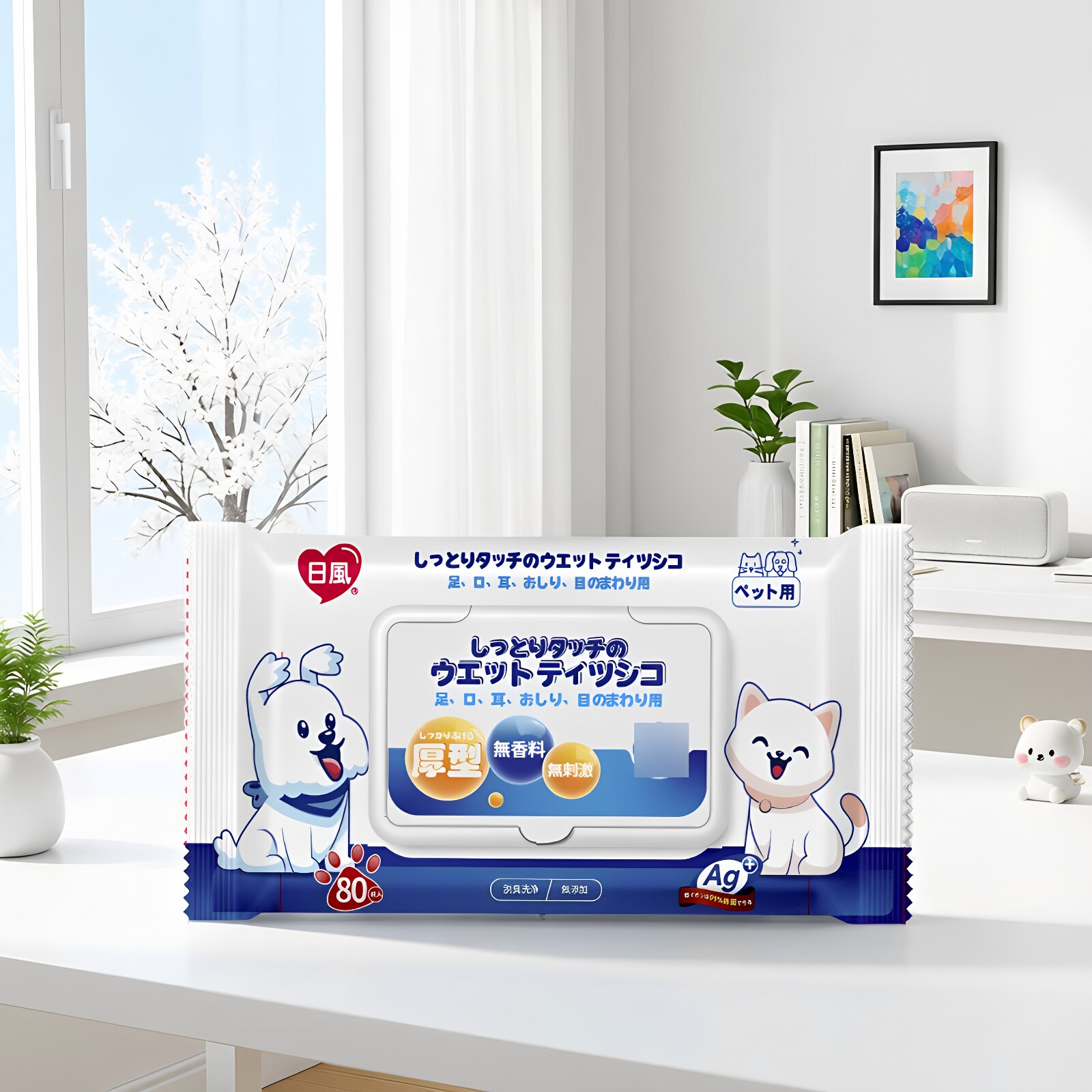 日本日风宠物猫狗清洁消毒杀菌湿巾80抽 银离子免洗温和弱碱加厚图片