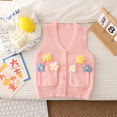 春夏秋新款女童宝宝针织毛线背心甜美公主风薄款马甲韩版洋派花朵