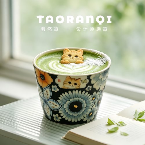 女士高档满绘咖啡杯手绘万花猫咪手握猪口杯水杯景德镇马克杯茶杯