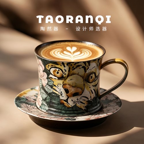 景德镇紫砂泥咖啡杯带碟手绘生肖虎牡丹高档精致陶瓷水杯家用杯子