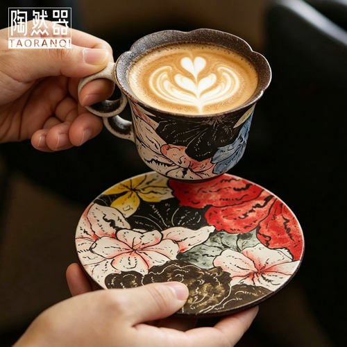 新中式手绘百合花咖啡杯带碟设计感小众高颜值马克杯牛奶早餐水杯