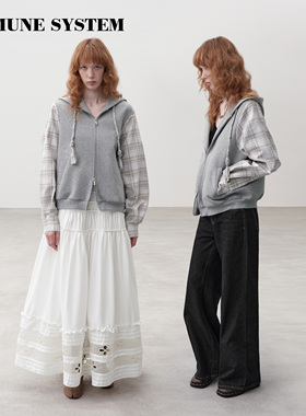 immune system 手工编织抽绳格纹拼接灰色拉链卫衣帽衫