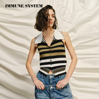 immune system条纹撞色 POLO领设计挂脖露背天丝背心吊带