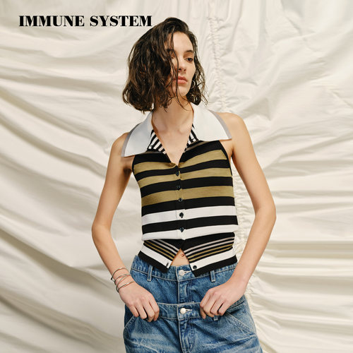 immune system条纹撞色 POLO领设计挂脖露背天丝背心吊带