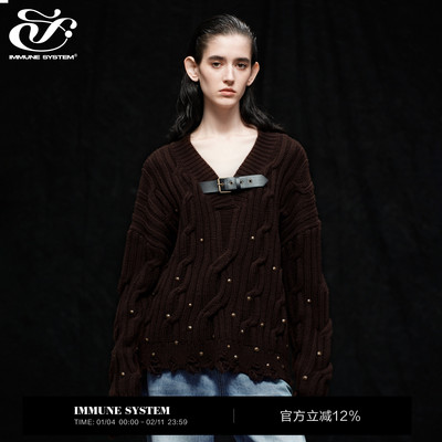 immune system V领皮带装饰铆钉不规则破碎感毛织上衣毛衣