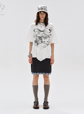 immune system 猫咪印花贴蕾丝假两件T恤短袖宽松