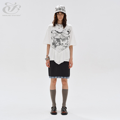 immune system 猫咪印花贴蕾丝假两件T恤短袖宽松