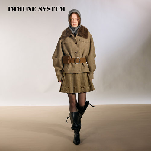 immune system 千鸟格弯刀袖宽松廓形羊毛可拆毛领格纹套装百褶裙