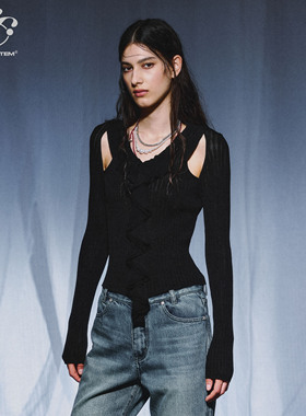 immune system免疫系统 黑色层次 假两件荷叶边显瘦针织衫上衣
