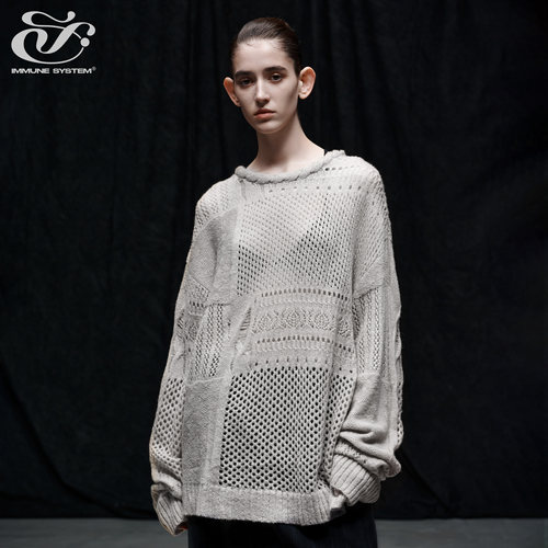 immune system免疫系统 虚实交融 镂空钩花圆领毛衣长袖针织衫