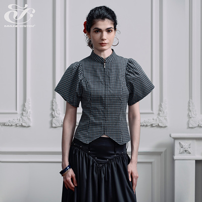 immune system免疫系统 宫廷 花苞袖细格纹收腰立领格子衬衫