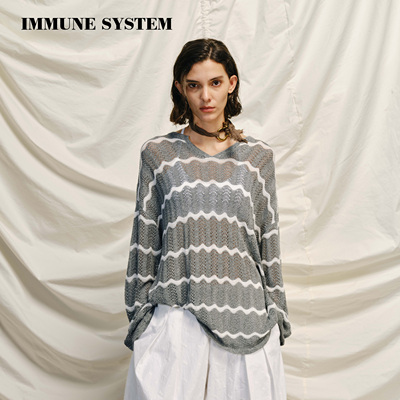 immune system 慵懒针织 灰色海浪条纹镂空编织轻薄针织衫长袖