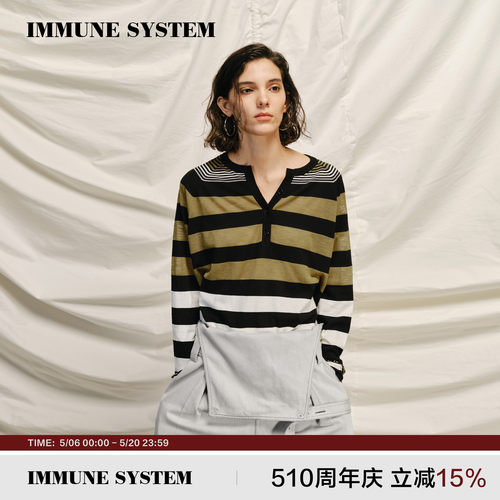 immune system 条纹艺术 亨利领松弛感天丝条纹拼接针织衫长袖
