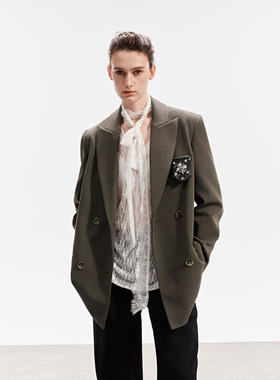 immune system Boyish 高级棕波点胸花西装夹克外套