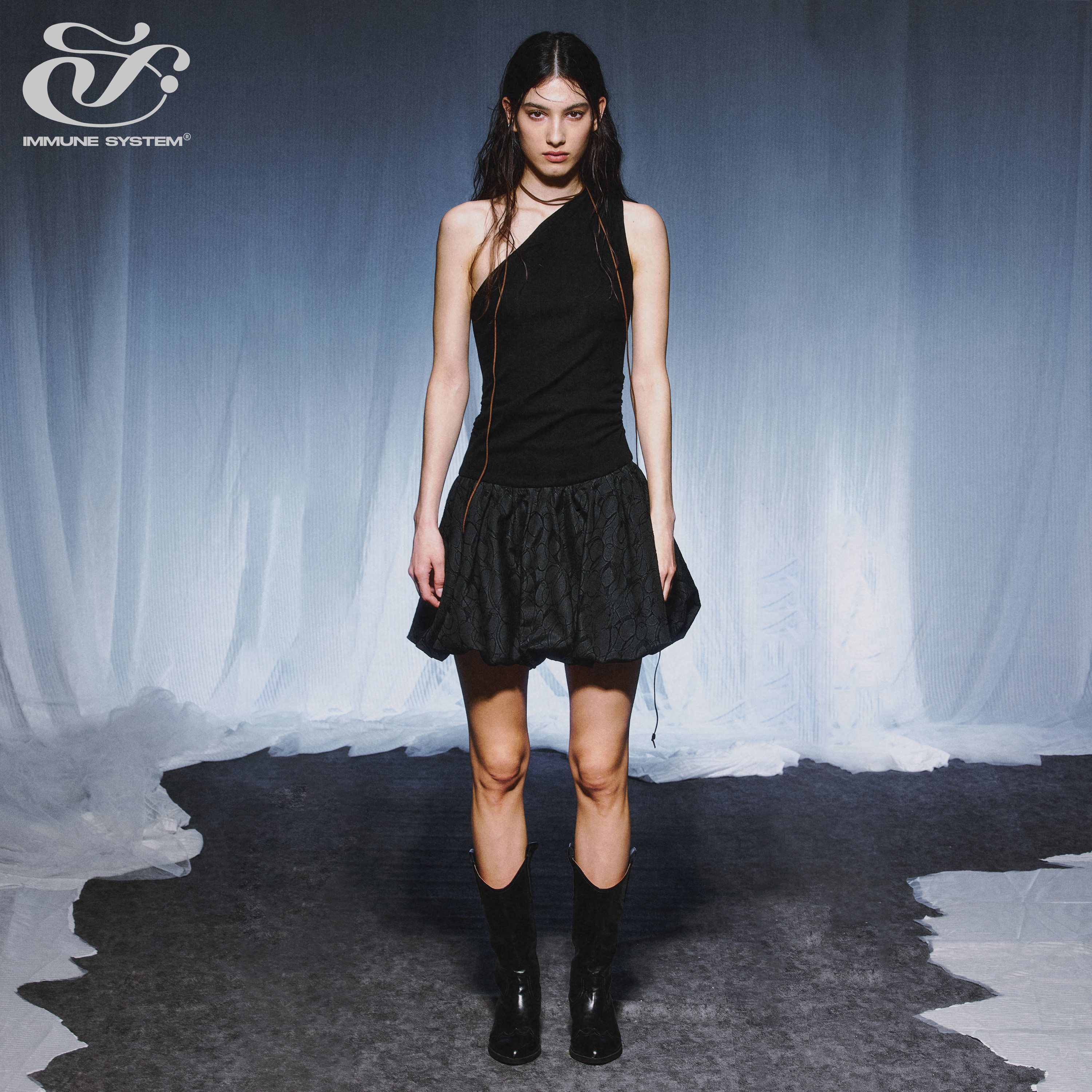 immune system免疫系统 少女感 拼接斜肩设计造型蓬蓬花苞连衣裙