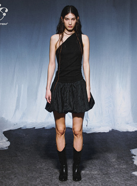 immune system免疫系统 少女感 拼接斜肩设计造型蓬蓬花苞连衣裙