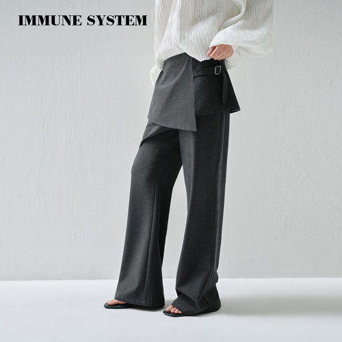 immune system 垂坠随性 深灰侧扣叠片假两件宽松微阔西装裙裤