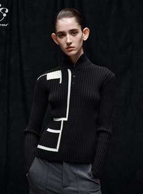 immune system免疫系统 黑白几何 坑条高领钮扣打底针织衫毛衣