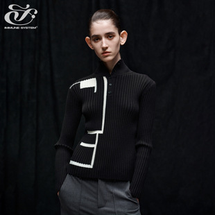 immune system免疫系统 黑白几何 坑条高领钮扣打底针织衫毛衣