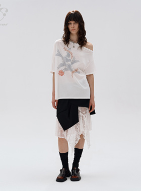 immune system休闲半袖 斜肩微透感印花短袖t恤