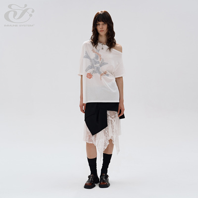 immune system休闲半袖 斜肩微透感印花短袖t恤