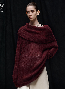 immune system免疫系统 盛放 翻领斜肩松弛堆叠镂空针织衫毛衣