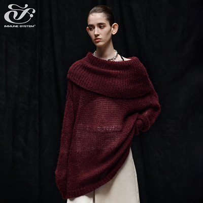 immune system免疫系统 盛放 翻领斜肩松弛堆叠镂空针织衫毛衣