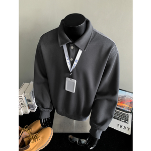1016-WY606-P55Polo领廓形卫衣翻领休闲长袖外套,米色棒球服和卫衣怎么搭配图片