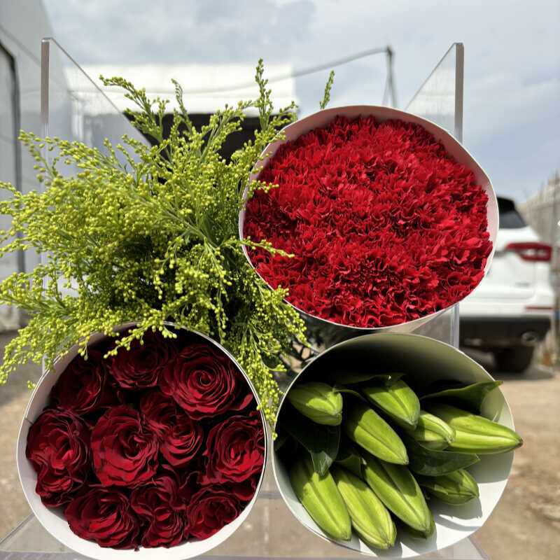 玫瑰10枝+百合10朵+康乃馨10枝+配草 云南鲜花现采直发