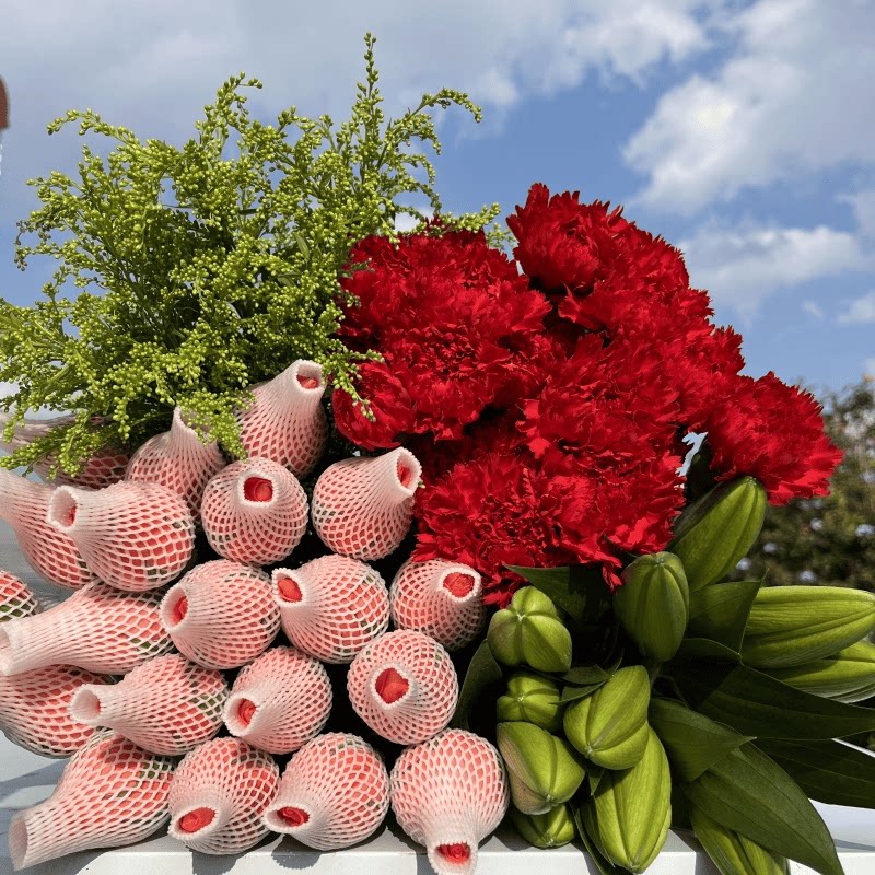 玫瑰20枝+百合10朵（3-5枝）+康乃馨20枝+送配草新鲜修剪精致