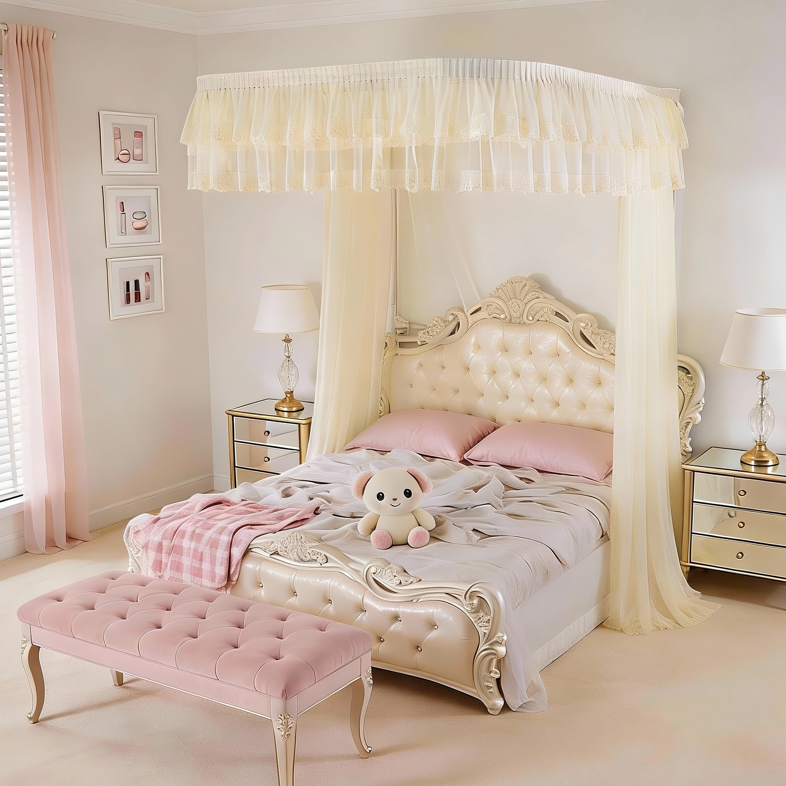 九洲华美复古蕾丝蚊帐拉幕导轨床幔公主风结婚蚊帐卧室装饰帐1.8m