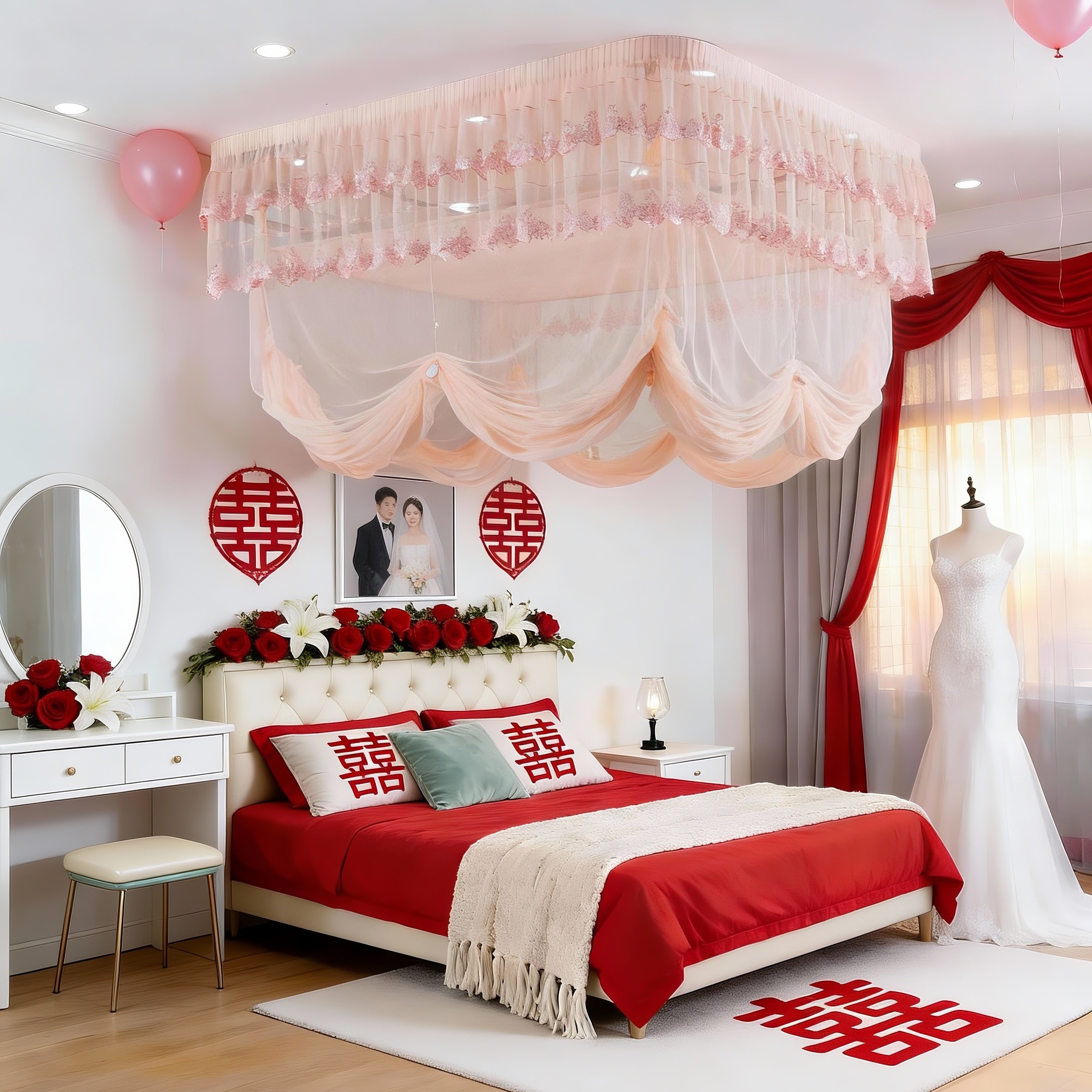 新中式婚庆结婚蚊帐可升降浪漫婚房布置装饰蚊帐1.5/1.8m
