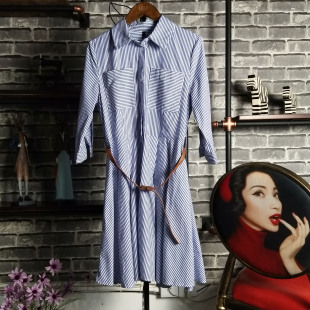显瘦中长款 2017欧洲站春夏季 新款 细条纹收腰衬衫 连衣裙女 中袖