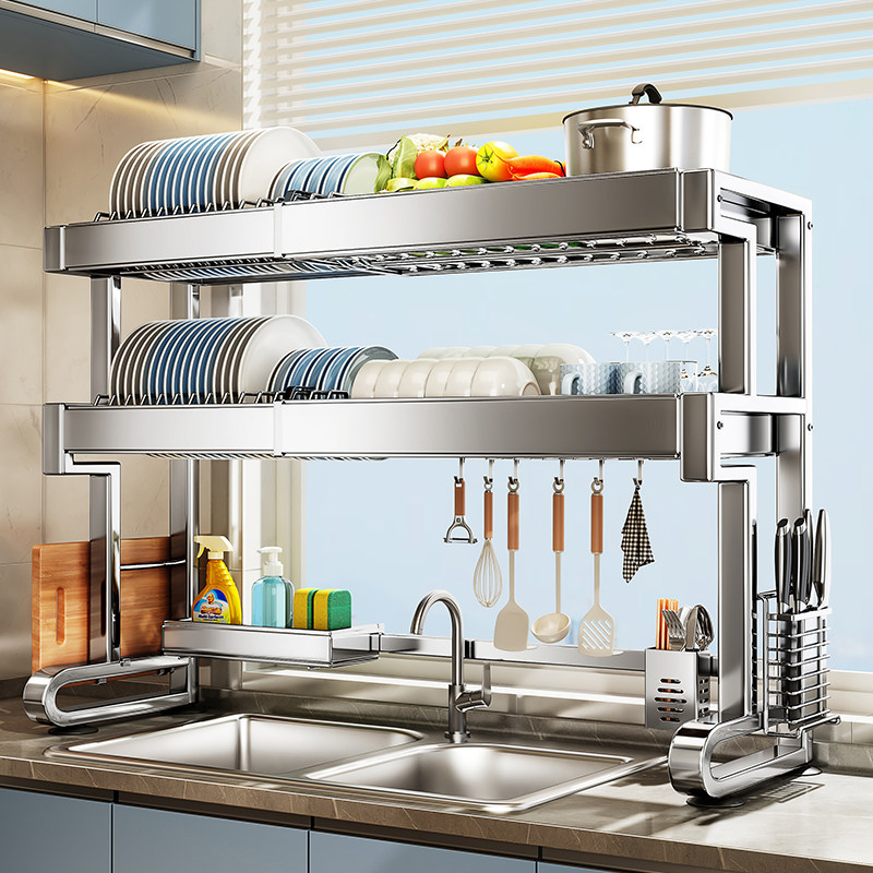 帅仕304不锈钢厨房水槽置物架水池可伸缩碗盘沥水碗架碗碟收纳层