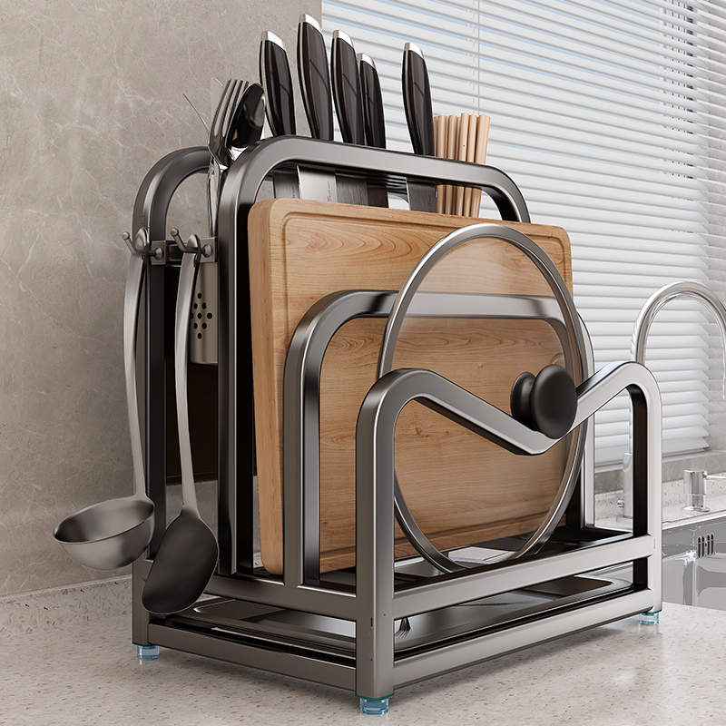 帅仕不锈钢菜刀架置物架台面菜板架菜刀筷笼一体砧板刀具收纳层架