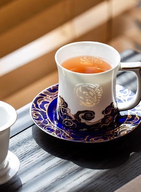 景德镇青花玲珑祭蓝色釉瓷龙凤对杯带盖过滤茶杯茶水分离陶瓷礼物