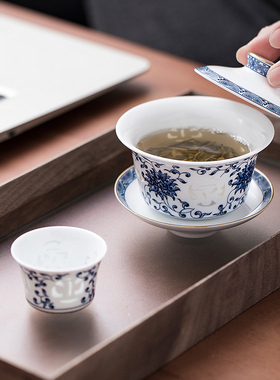 景德镇玉柏玲珑青花家用陶瓷器中式传统精致盖碗功夫茶具套装礼盒