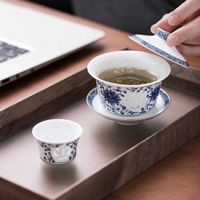 景德镇玉柏玲珑青花家用陶瓷器中式传统精致盖碗功夫茶具套装礼盒