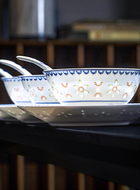 玉柏景德镇高档青花玲珑陶瓷餐具套装现代轻奢中式精致碗盘家用