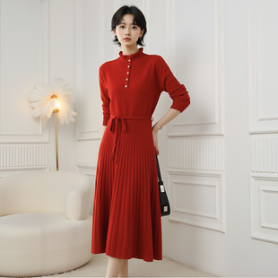 2025冬季新款半高领A字裙连衣裙 中长款显瘦打底长裙红色修身