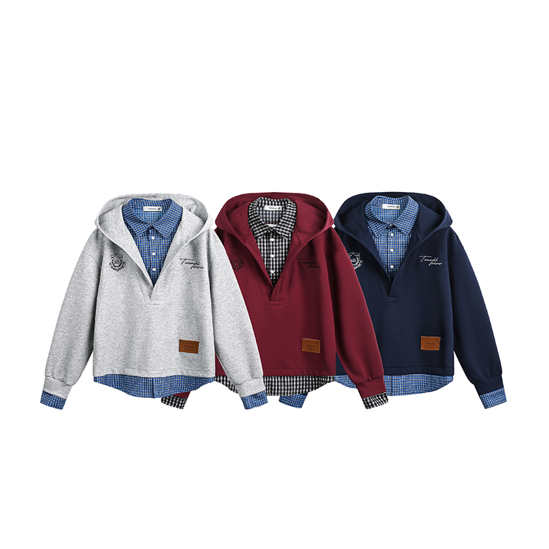 美式复古学院风格子衬衫拼接假两件连帽卫衣男女同款宽松