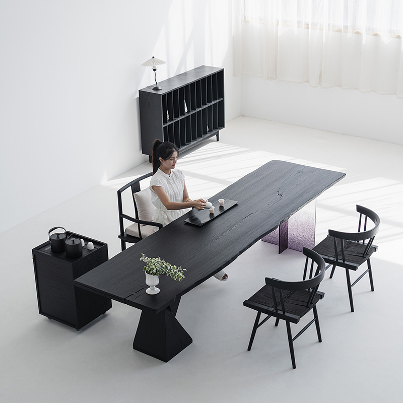 天外云 雾漫茶桌 白蜡木家用泡茶茶几实木侘寂风黑色客厅餐桌书桌