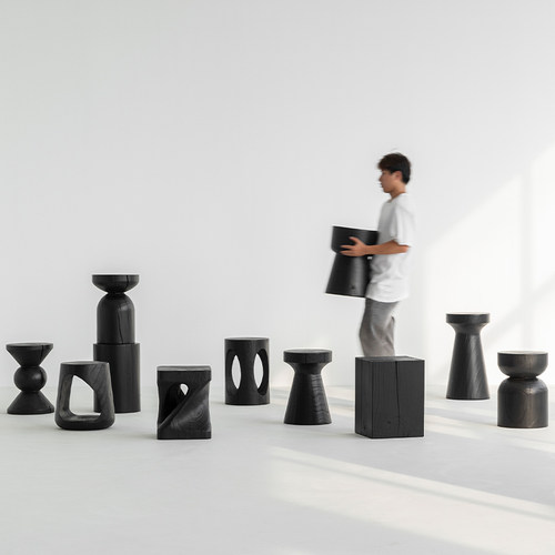 天外云  一方木墩  侘寂风碳化黑色实木凳子民宿边几摆件原木矮凳